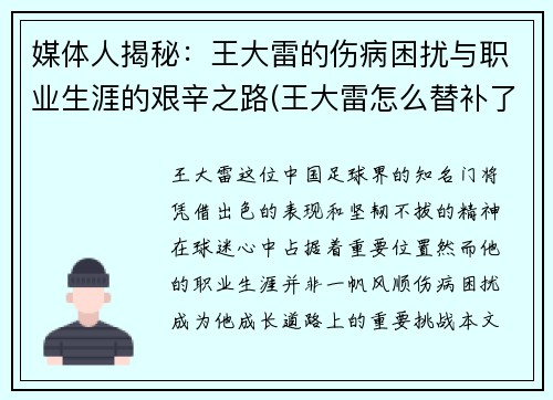 媒体人揭秘：王大雷的伤病困扰与职业生涯的艰辛之路(王大雷怎么替补了)