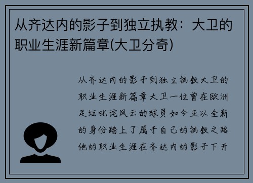 从齐达内的影子到独立执教：大卫的职业生涯新篇章(大卫分奇)