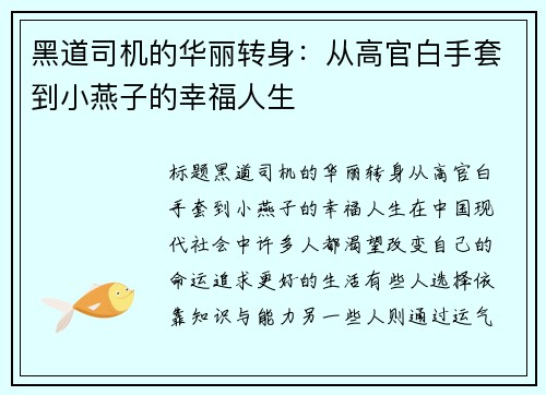 黑道司机的华丽转身：从高官白手套到小燕子的幸福人生