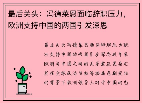 最后关头：冯德莱恩面临辞职压力，欧洲支持中国的两国引发深思