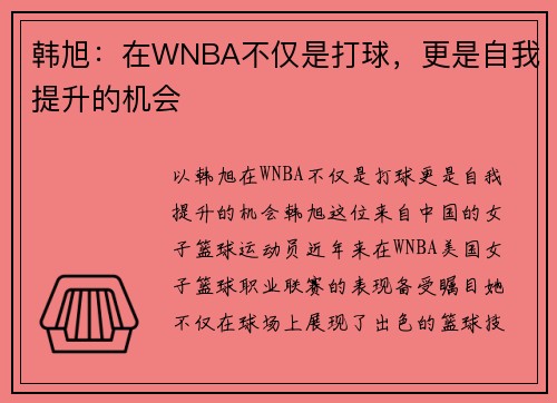 韩旭：在WNBA不仅是打球，更是自我提升的机会