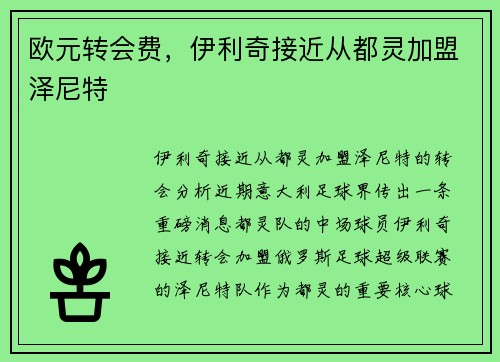 欧元转会费，伊利奇接近从都灵加盟泽尼特