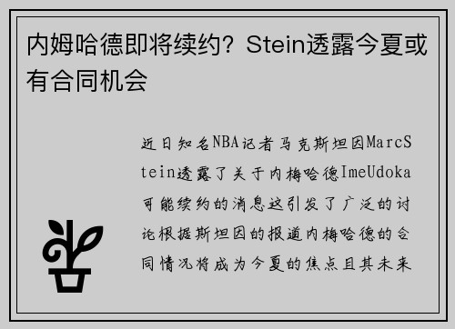 内姆哈德即将续约？Stein透露今夏或有合同机会