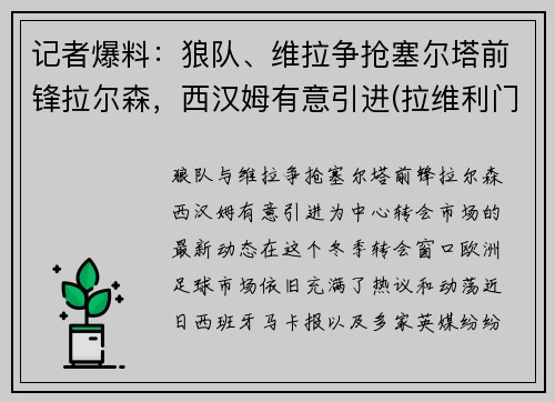 记者爆料：狼队、维拉争抢塞尔塔前锋拉尔森，西汉姆有意引进(拉维利门将)